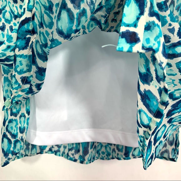 Covington Petite Women's Blue White Aqua V-Neck Button Down 3/4 Sleeve Blouse - Picture 5 of 12